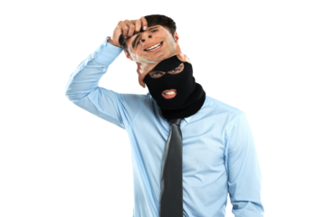 Crime, portrait and criminal mask with man, robbery and guy isolated against a transparent background. Face, male worker and person hiding identity for fraud behaviour, burglary and corrupt with png