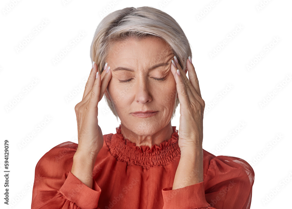 Poster Senior woman, headache and stress isolated on transparent, png background confused, massage temple and thinking of problem. Brain fog, pain or tired manager person in work decision, memory or anxiety