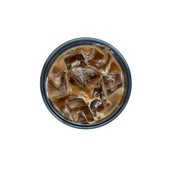 A cup of iced coffee with a clear plastic cup sits on a table in a cafe