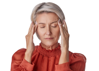 Senior woman, headache and stress isolated on transparent, png background confused, massage temple and thinking of problem. Brain fog, pain or tired manager person in work decision, memory or anxiety