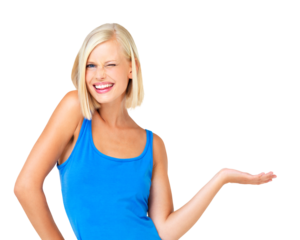 Smile, wink and woman in portrait pointing to mockup isolated on transparent png background. Happy female advertising promotion, marketing and presentation of brand news, choice and offer coming soon