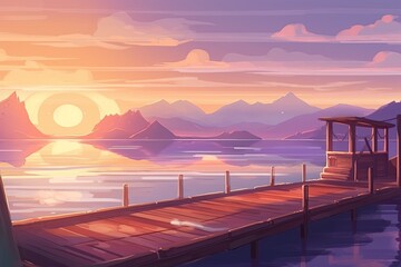serene pier with majestic mountains in the backdrop. Generative AI