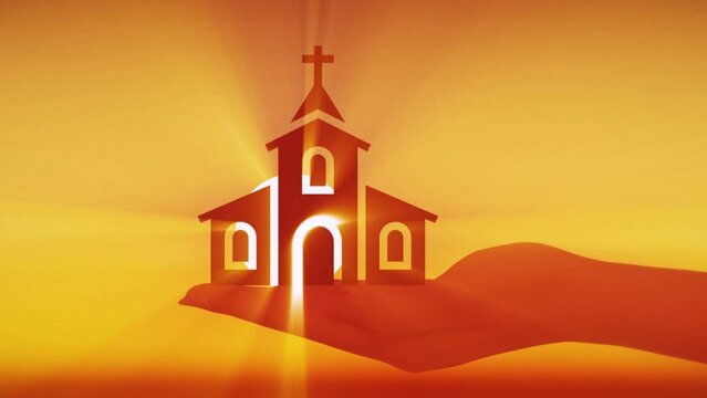 model in hand. Sunrays through the window of a church miniature model  in the hand  the sky with clouds and the sun. Close-up slow-motion shot