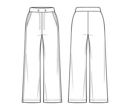 Loungewear pants fashion drawing template. with elastication, a drawstring at the waist and side pockets. relaxed style. pants fashion flat illustration. front, and back view, isolated, CAD mockup set