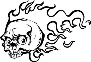 Skull on Fire with Flames Vector Illustration. black and white fire skull