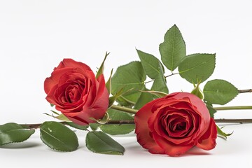 two vibrant red roses with fresh green leaves on a clean white background. Generative AI