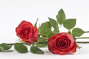 Naklejka premium two vibrant red roses with fresh green leaves on a clean white background. Generative AI