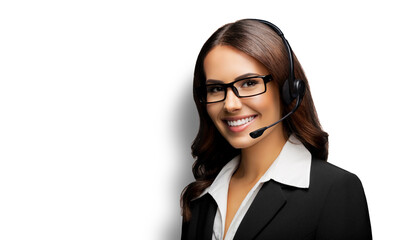 Contact Call Center Service. Customer support, sales agent. Caller answering phone operator or businesswoman in headset. Portrait of woman in eye glasses spectacles, isolated white background.