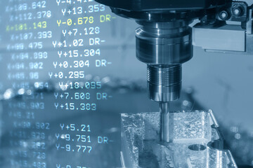 Abstract  scene the CNC milling machine cutting the vacuum mold parts and G-code data background.