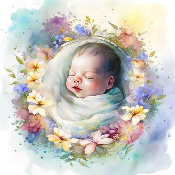 An adorable beautiful babynewborn baby to sleep fantasy painting pastel colors isolated on white background. Mother's Day or Baby Shower concept, Generative AI