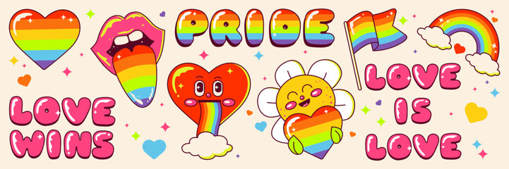 Pride LGBTQ+ icon set, LGBTQ+ related symbols and quote set in rainbow colors: Pride Flag, Heart, Rainbow, Love. Gay Pride Month. Vector illustration in retro cartoon style, groovy psychodelic colors. - obrazy, fototapety, plakaty