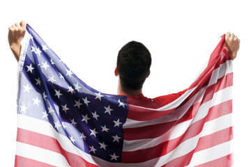 Man with American flag isolated on white background