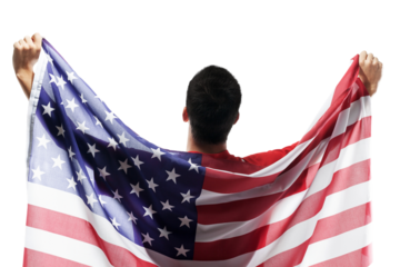 Man with American flag isolated on white background