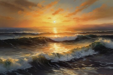 Fototapeta na wymiar sunrise over the sea, golden hue of dawn over the ocean, oil on canvas. Generative AI