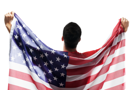 Man with American flag isolated on white background