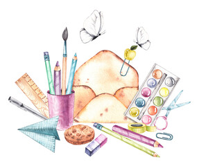 Watercolor composition of stationery school items on a white background