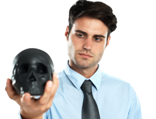 Business man, black skull and looking isolated on a transparent png background. Death, horror and person holding cranium, human head or scalp symbol for evil, occult or bad luck, danger or mortality.