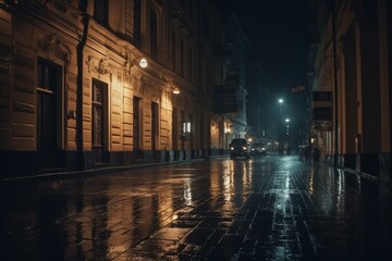 Fototapeta na wymiar City street on rainy night. Generative AI
