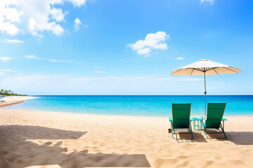 beautiful white sand beach with chaise lounge and umbrella. Generative AI