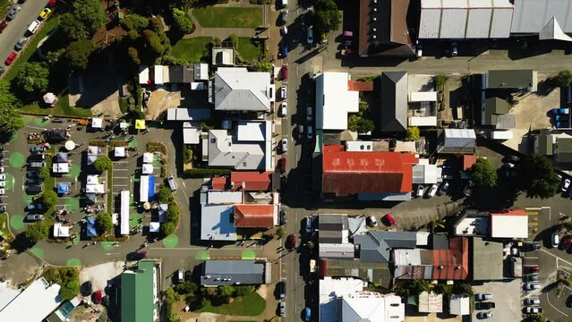 aerial top down of Tākaka town Golden Bay, New Zealand, drone scanning residential district