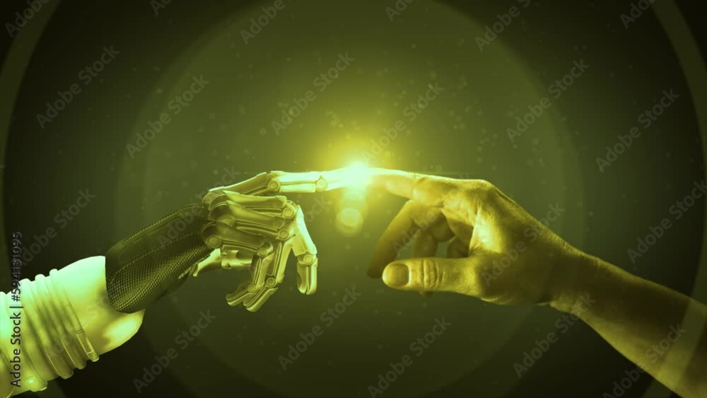 Aufkleber high quality 3d cgi of a robot arm reaching out and touching index fingertips with a human hand and 