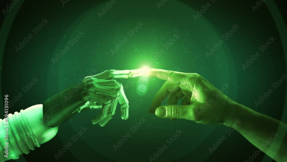 Poster high quality 3d cgi of a robot arm reaching out and touching index fingertips with a human hand and 