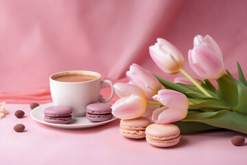 Fototapeta na wymiar Morning cup of coffee, cake macaron, gift or present box and spring tulip flowers on pink background, Beautiful breakfast for Women day, Mother day, Generative AI