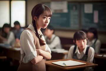 This studious Asian girl shines in the diverse atmosphere of an international secondary school with her unwavering commitment to learning. generative AI