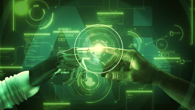 High quality 3D CGI of a robot arm reaching out and touching index fingertips with a human hand and activating a spinning tech gizmo and animated background AI data elements, in green color scheme