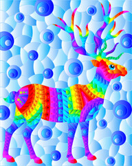 Stained glass illustration with abstract bright deer, animal on a blue background, rectangular image