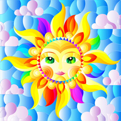 Illustration in stained glass style with fabulous sun with the face on the background of sky and clouds