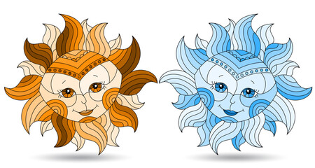 A set of stained-glass illustration with bright suns with faces  isolated on a white background , tone blue and brown