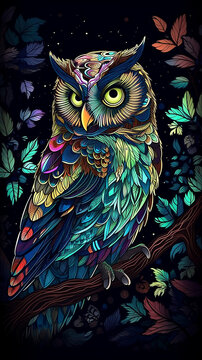 Owl in the night forest
