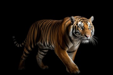 Obraz premium majestic tiger walking on a black background. Generative AI
