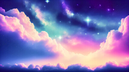 Colorful sky and clouds glitter illustration background with stars