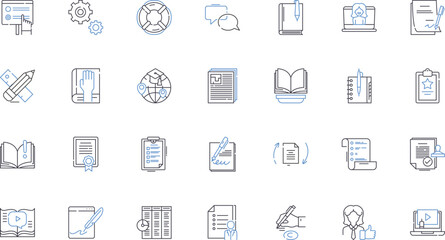 digital curriculum line icons collection. E-learning, OnlineLearning, Advanced, Interactive, Personalized, Customizable, Multimedia vector and linear illustration. Simulations,Virtual,Engaging outline