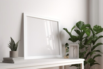 Square white frame template in minimalist home interior with plant ,  Generative AI