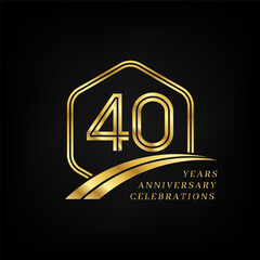 40 years anniversary. Lined gold hexagon and curving anniversary template.