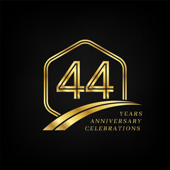 44 years anniversary. Lined gold hexagon and curving anniversary template.