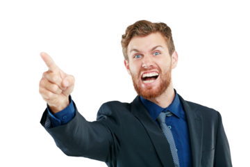 Portrait, angry and businessman pointing on PNG, feeling frustrated while shouting isolated against a transparent background. Stress, threat and hand sign warning for conflict, bullying or direction