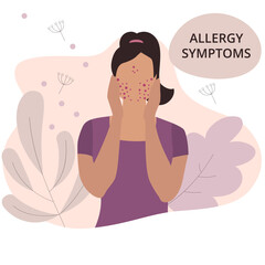 Seasonal allergy. Woman with red skin rash. Woman scratching skin on her face