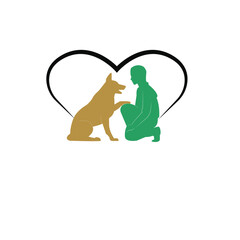 Hombre con su compañero canino, dentro de un corazón.