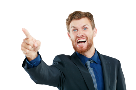 Portrait, angry and businessman pointing on PNG, feeling frustrated while shouting isolated against a transparent background. Stress, threat and hand sign warning for conflict, bullying or direction