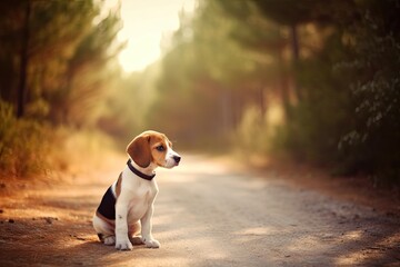 cute beagle puppy sitting on a dirt road. Generative AI