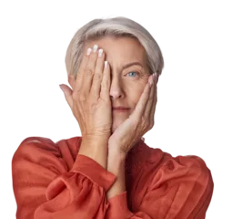 Foto op Plexiglas Oude deur Portrait, beauty and senior woman hiding eye and confident, retired and isolated against a transparent png background. Face, mature female or old person with wellness, care or retirement with vision