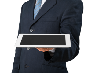 Businessman  with tablet pc on background