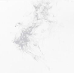 Gray smoke, fog or pattern in a studio with no people for a smokey effect for creative art. Pollution, smoking or smog in the air from a cigarette or incense for creativity by a white png background.