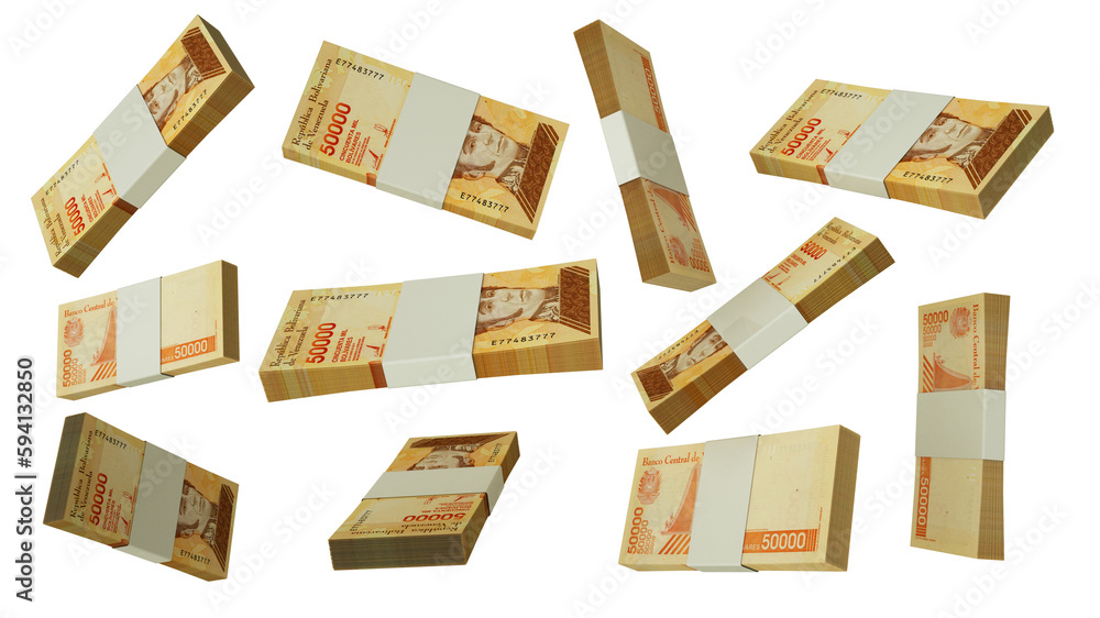 Poster 3d rendering of venezuelan bolivar notes flying in different angles and orientations isolated on tra