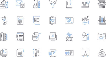 Graphic formatting line icons collection. Alignment, Contrast, Composition, Typography, Hierarchy, Margins, White space vector and linear illustration. Grid,Balance,Proximity outline signs set