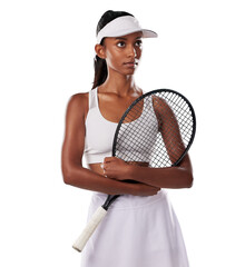 Tennis, serious and woman thinking with sports racket isolated on a transparent png background....